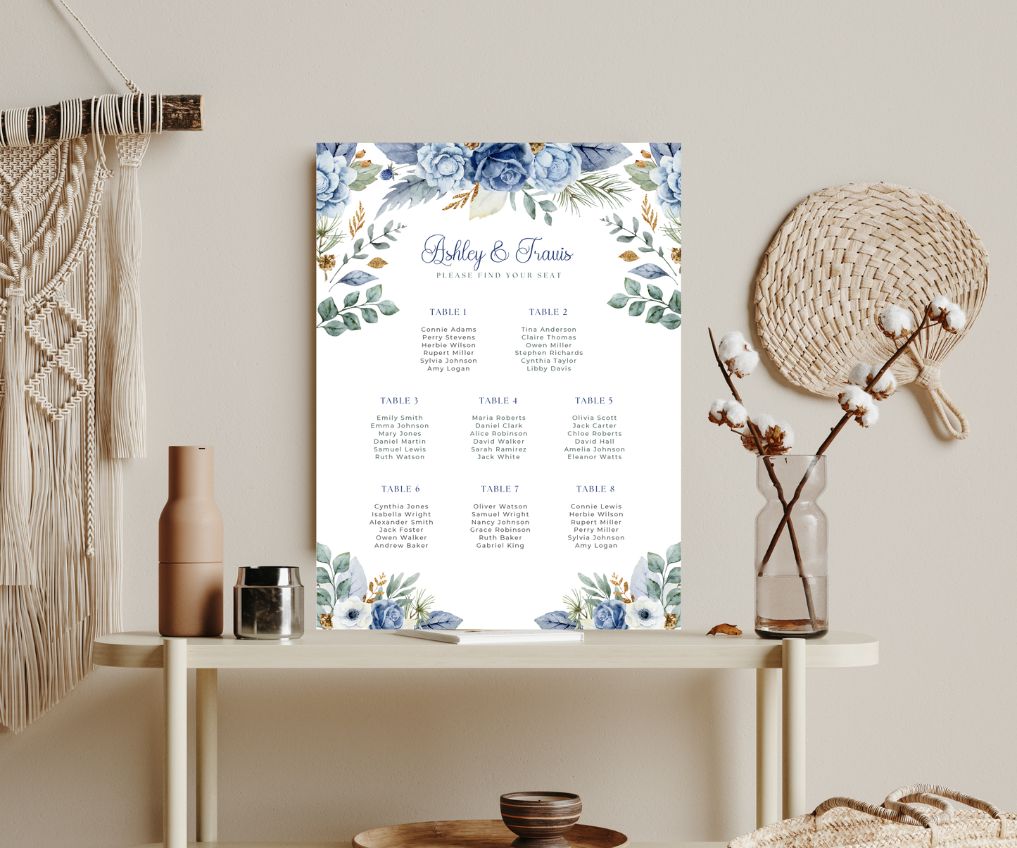 Seating Chart - UV Printed Foam - Wedding Dusty Blue Floral