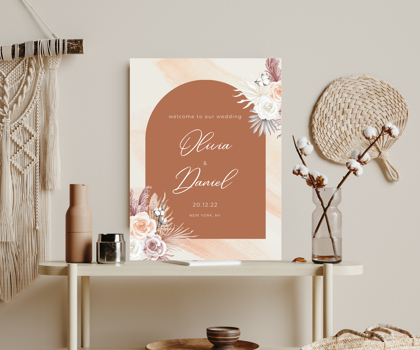 Welcome Sign - Foam Print - Wedding Sign - Terracotta Dried Flowers